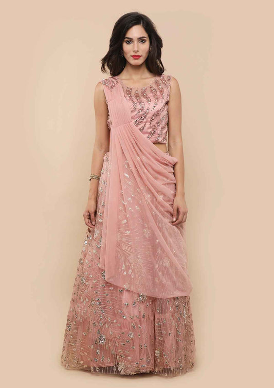 Dusty Rose Drape Net Readymade Lehenga