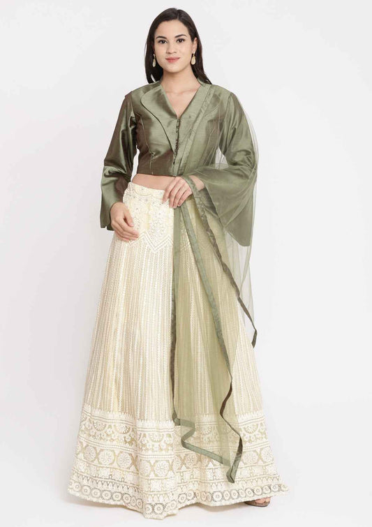Cream and Green Chikankari Net Readymade Lehenga