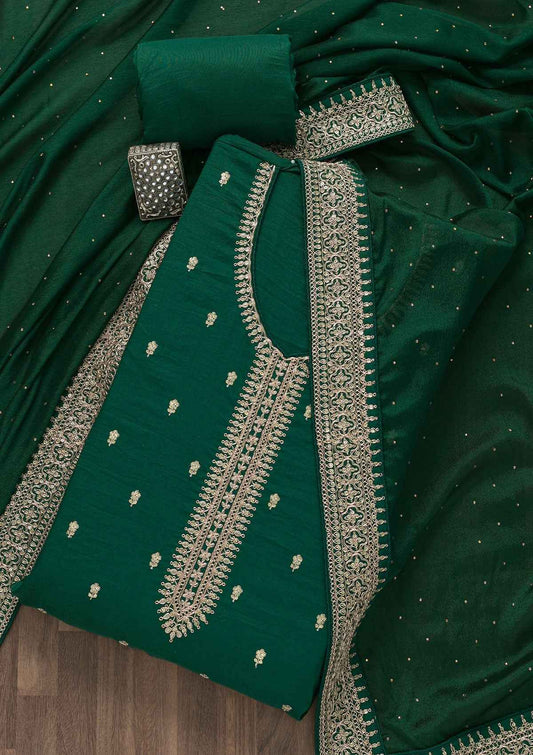 Bottle Green Zariwork Raw Silk Semi Stitched Salwar Suit
