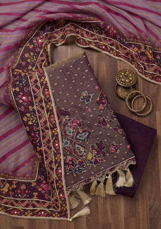 Brown Zariwork Semi Crepe Unstitched Salwar Suit