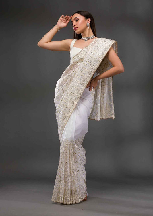 Cream Gotapatti Organza Saree