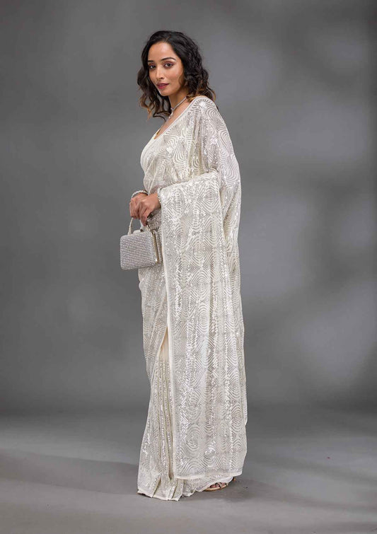 Cream Sequins Georgette Saree