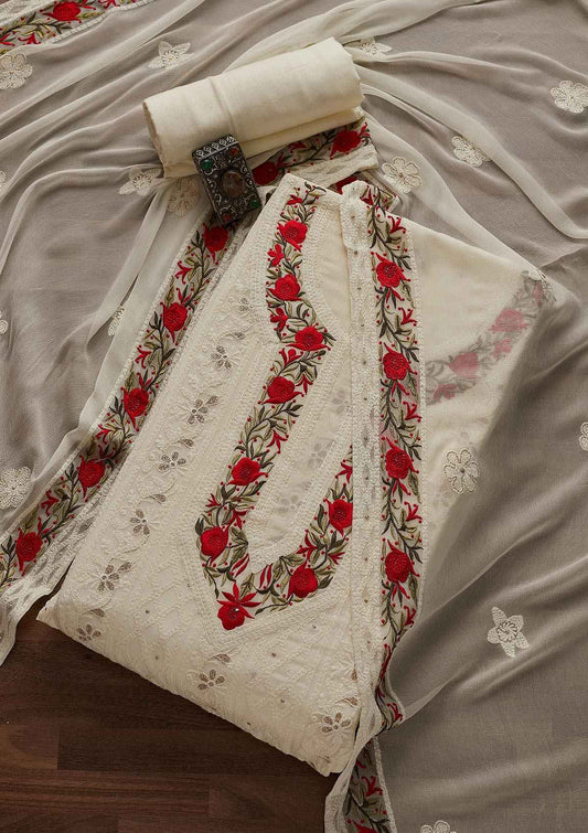 Cream Threadwork Georgette Unstitched Salwar Suit