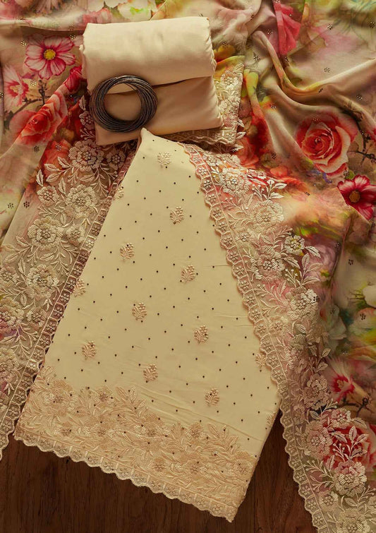 Cream Threadwork Georgette Unstitched Salwar Suit