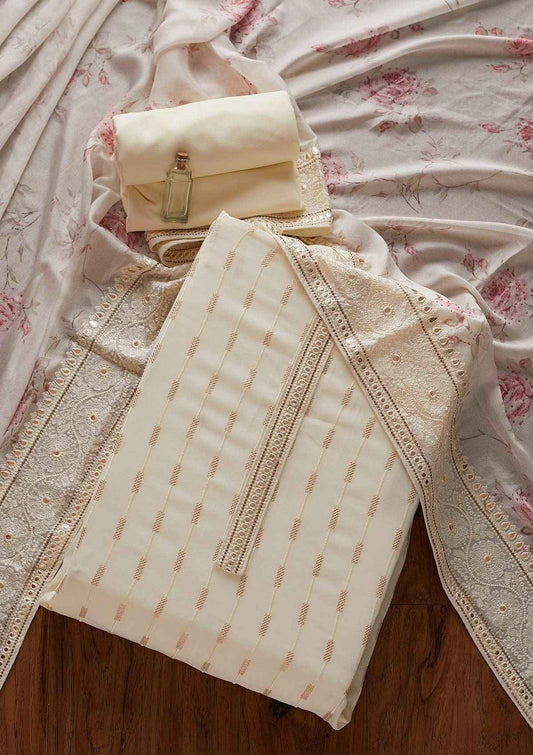 Cream Threadwork Georgette Unstitched Salwar Suit