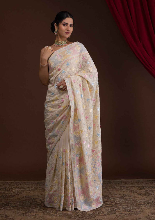 Cream Threadwork Georgette Designer Saree