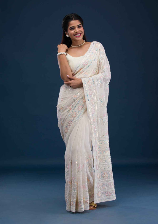 Cream Threadwork Georgette Saree