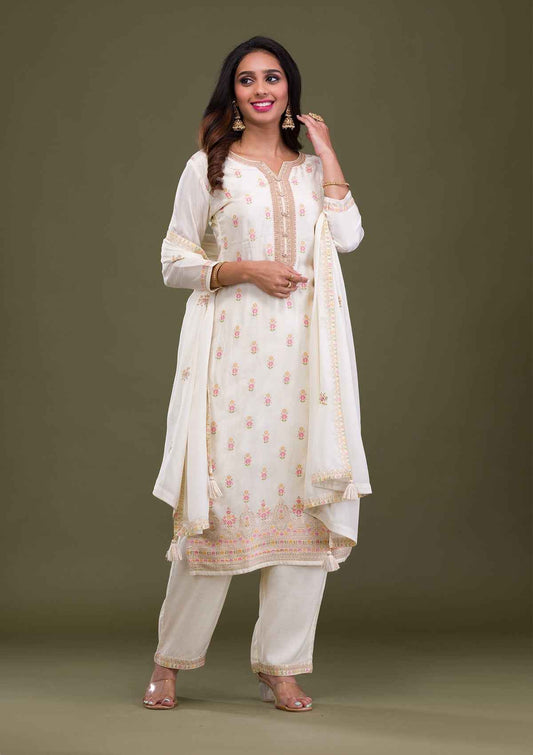 Cream Zariwork Art Silk Readymade Salwar Suit