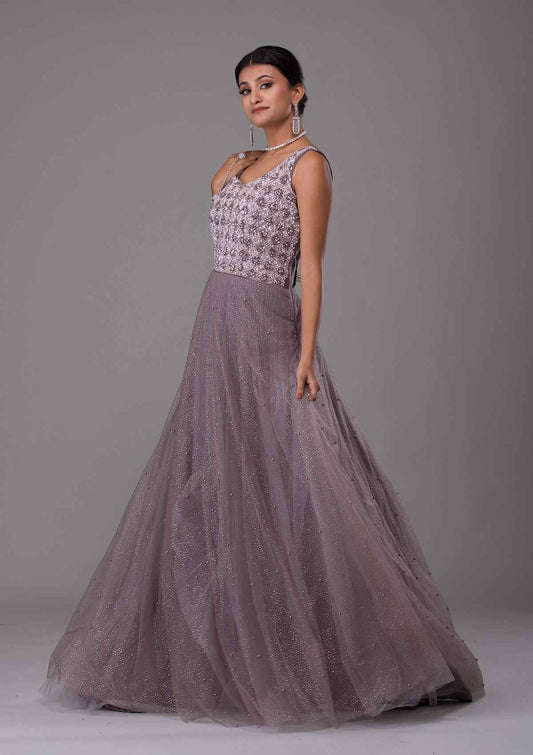 Dark Grey Sequins Net Designer Gown