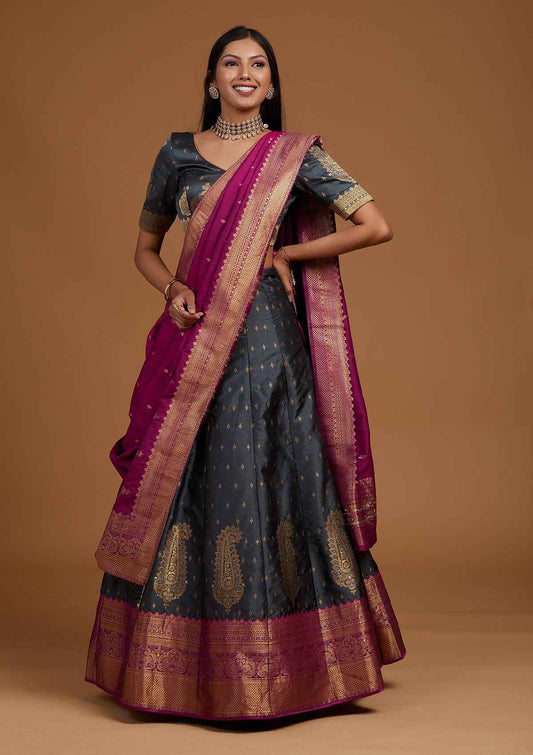 Dark Grey Zariwork Brocade Semi Stitched Lehenga