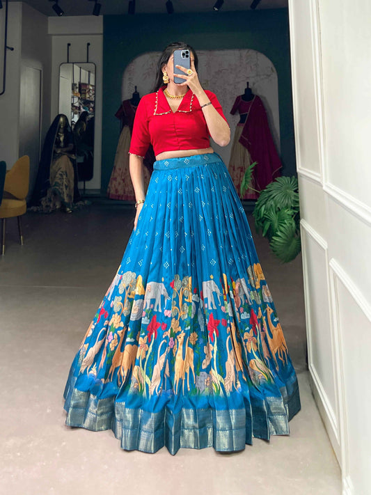 Blue Pure Dola Silk Kalamkari Printed Long Floral Print Gown