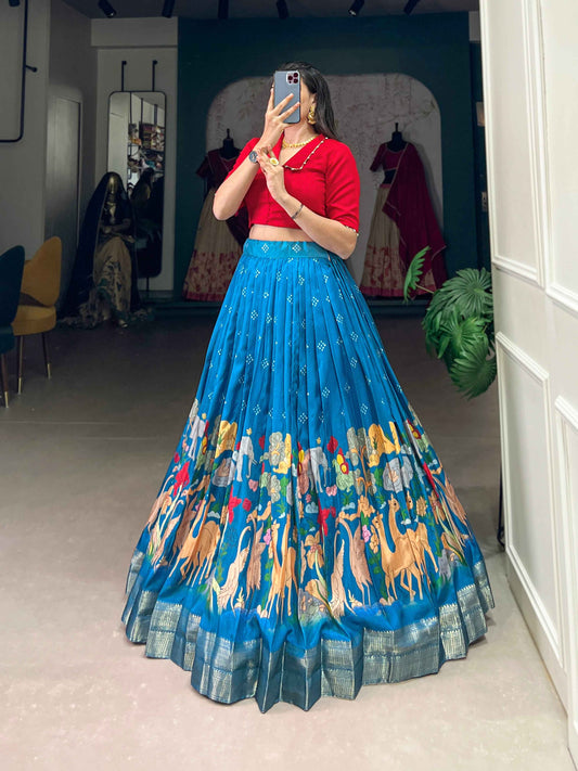 Blue Pure Dola Silk Kalamkari Printed Long Floral Print Gown