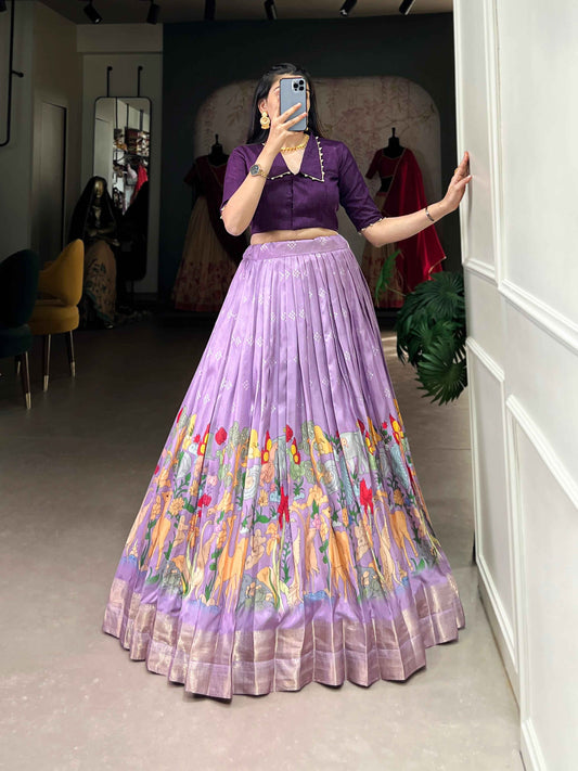 Lavender Pure Dola Silk Kalamkari Printed Long Floral Print Gown