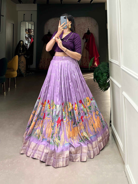 Lavender Pure Dola Silk Kalamkari Printed Long Floral Print Gown