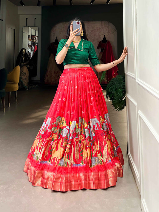 Red Pure Dola Silk Kalamkari Printed Long Floral Print Gown