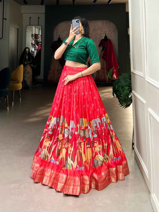 Red Pure Dola Silk Kalamkari Printed Long Floral Print Gown