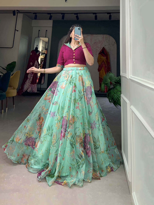 Sea Green Pure Organza Silk Long Floral Print Readymade Gown
