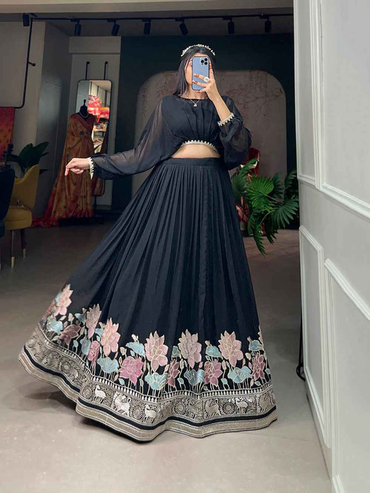 Black Pure Georgette
Sequins and Thread Embroidery Work Lehenga