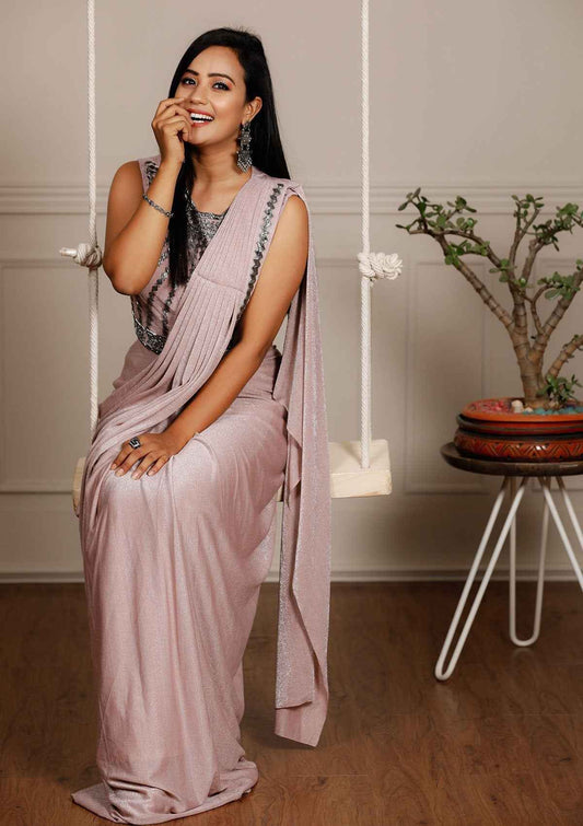 Baby Pink Cutdana Lycra Ready Drape Saree