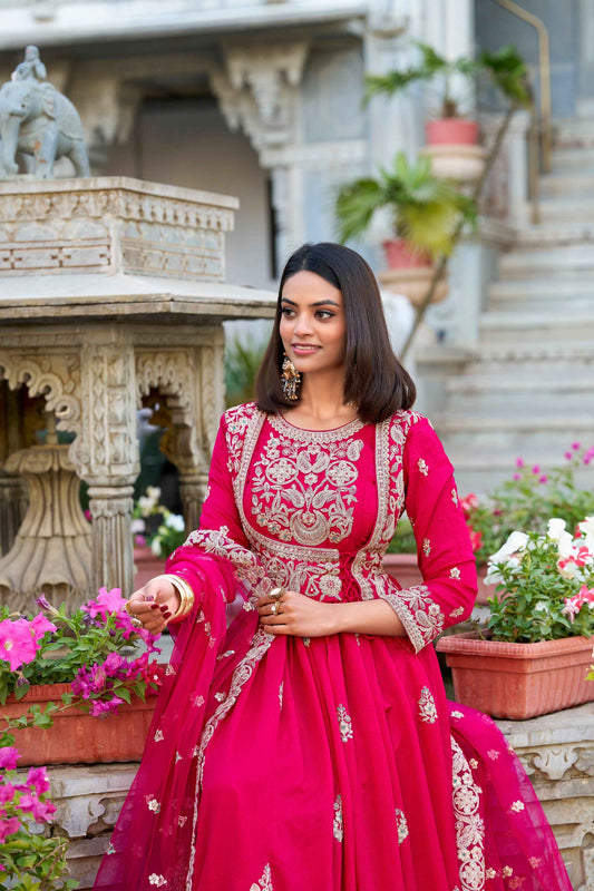 Pink Pure Vichitra Silk
Sequins and Thread Embroidery Work Readymade Gown