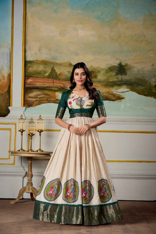 Green Pure Dola Silk Long Kalamkari Print Readymade Gown