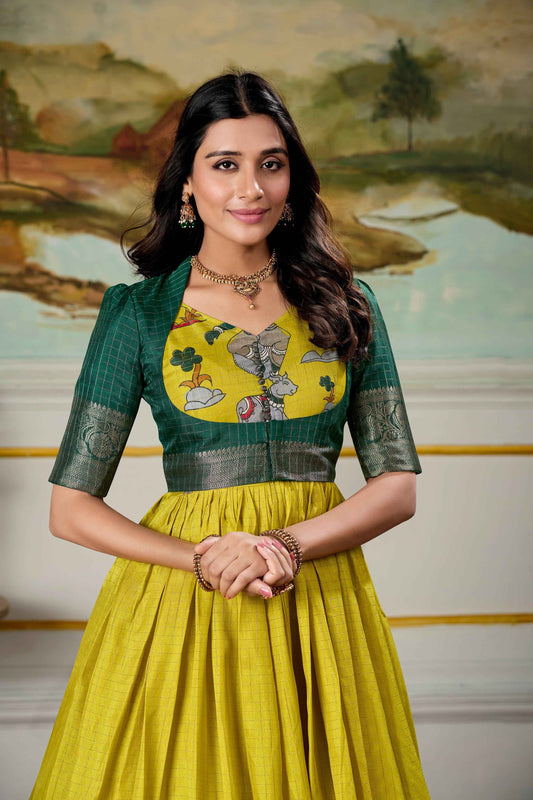 Parrot Pure Dola Silk Long Kalamkari Print Readymade Gown