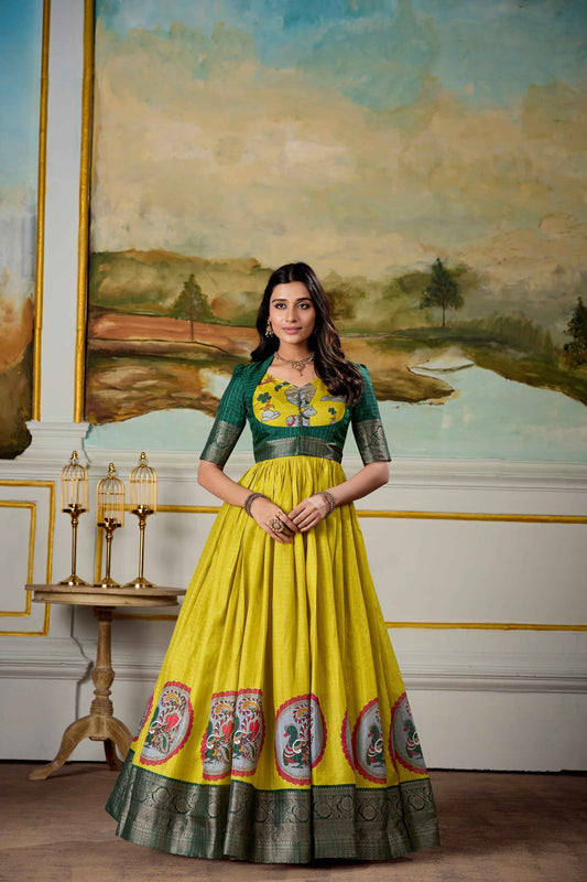 Parrot Pure Dola Silk Long Kalamkari Print Readymade Gown