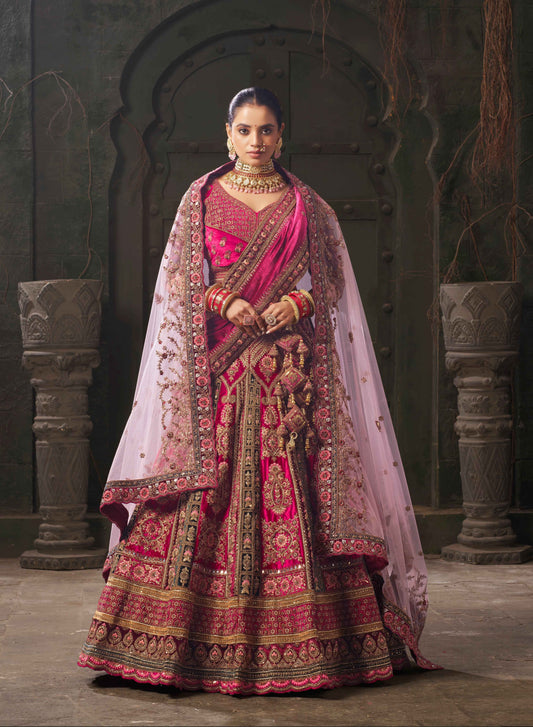 Burgundy & Fuchsia Pink Velvet Lehenga Choli with Double Dupatta