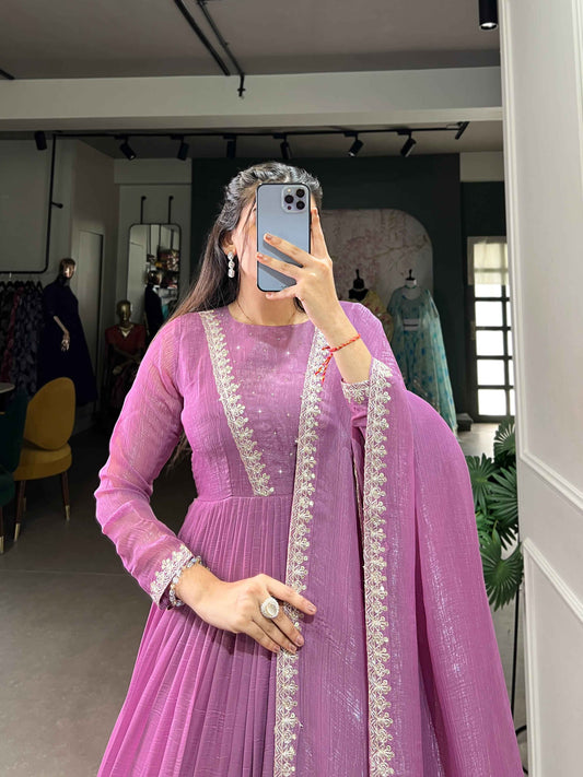 Lavender Pure Silver Glory Long Hotfix With Sequins Readymade Gown
