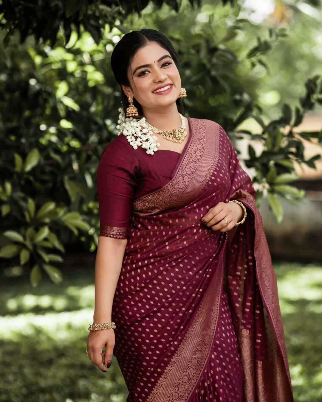 Adorable Wine Soft Silk Saree With Gratifying Blouse Piece