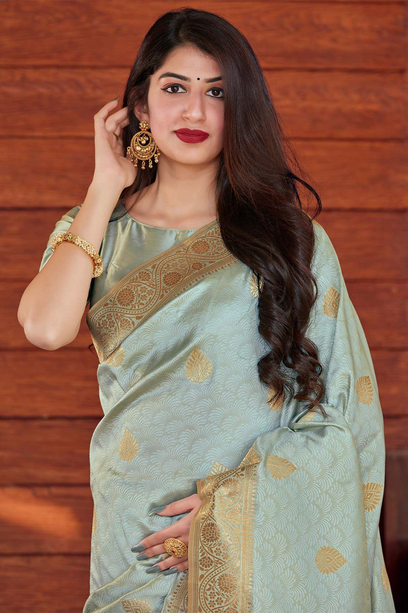 Beauteous Grey Soft Silk Saree With Imbrication Blouse Piece - Surats Fabric
