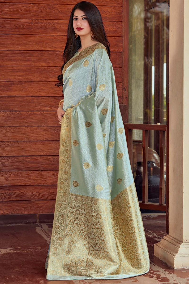 Beauteous Grey Soft Silk Saree With Imbrication Blouse Piece - Surats Fabric