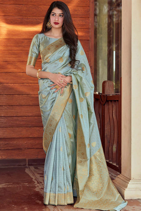 Beauteous Grey Soft Silk Saree With Imbrication Blouse Piece - Surats Fabric