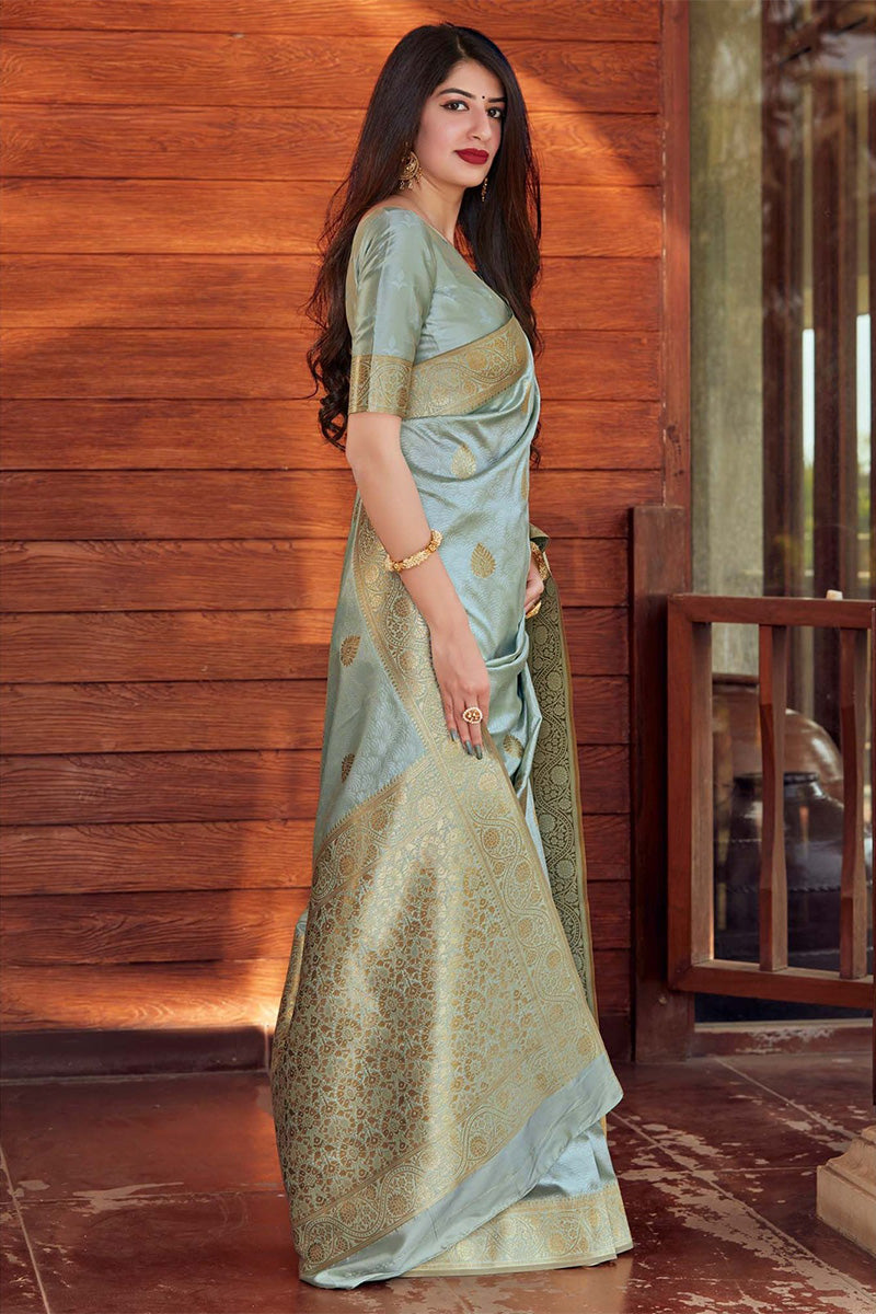 Beauteous Grey Soft Silk Saree With Imbrication Blouse Piece - Surats Fabric
