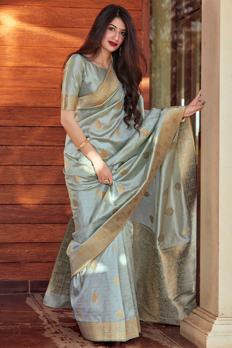 Beauteous Grey Soft Silk Saree With Imbrication Blouse Piece - Surats Fabric