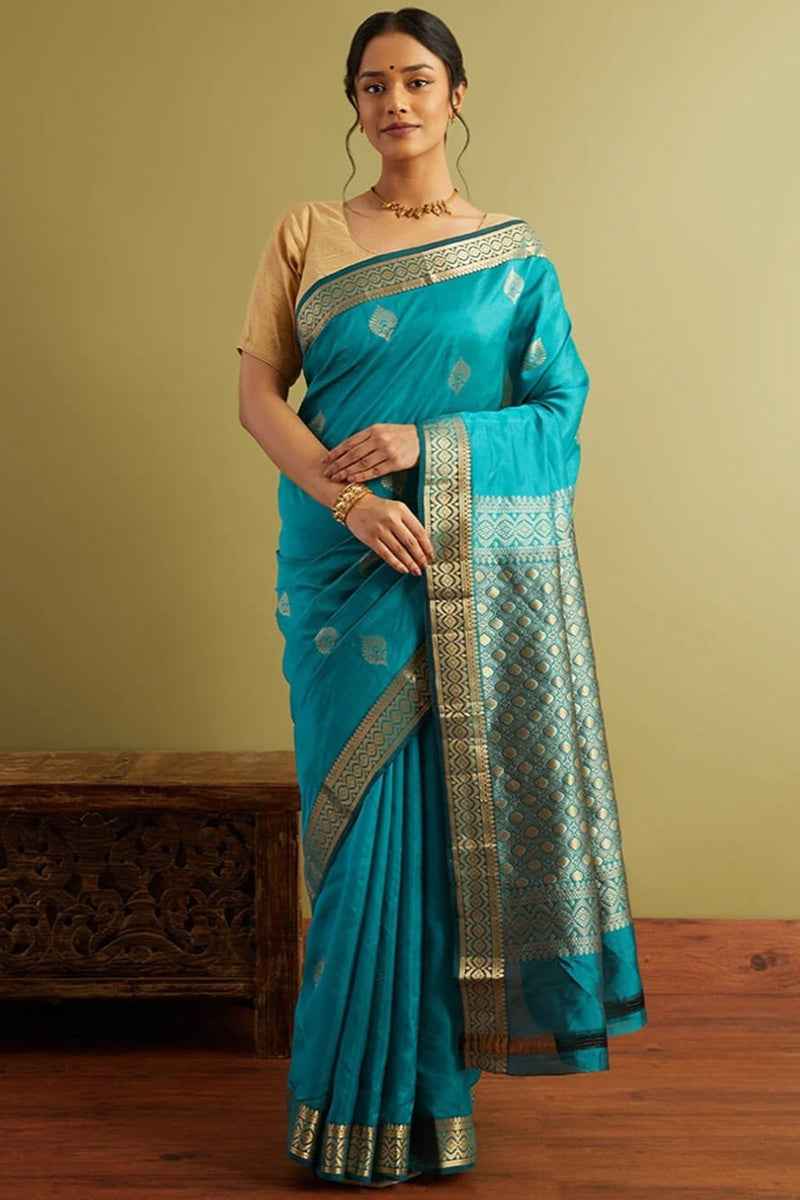 Alluring Firozi Soft Silk Saree With Classy Blouse Piece