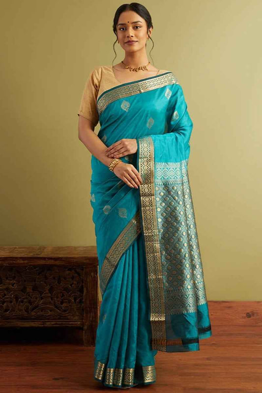 Alluring Firozi Soft Silk Saree With Classy Blouse Piece