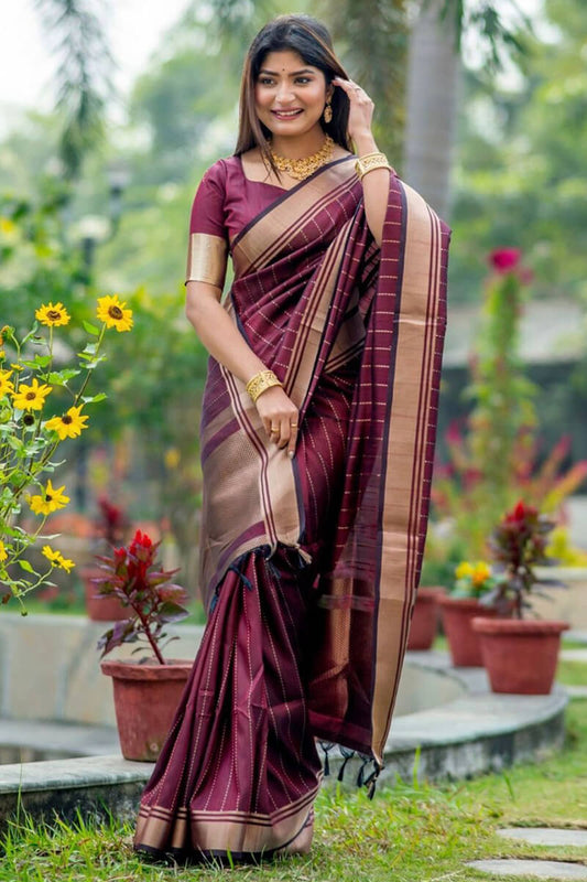 Bewitching Wine Soft Silk Saree With Fugacious Blouse Piece - Surats Fabric