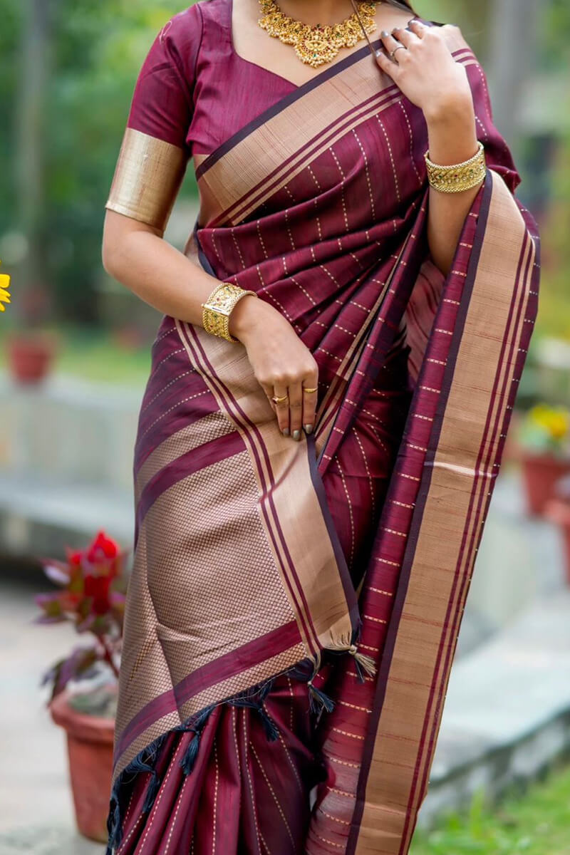 Bewitching Wine Soft Silk Saree With Fugacious Blouse Piece - Surats Fabric