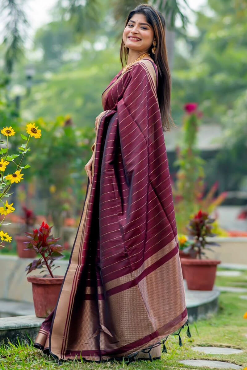 Bewitching Wine Soft Silk Saree With Fugacious Blouse Piece - Surats Fabric