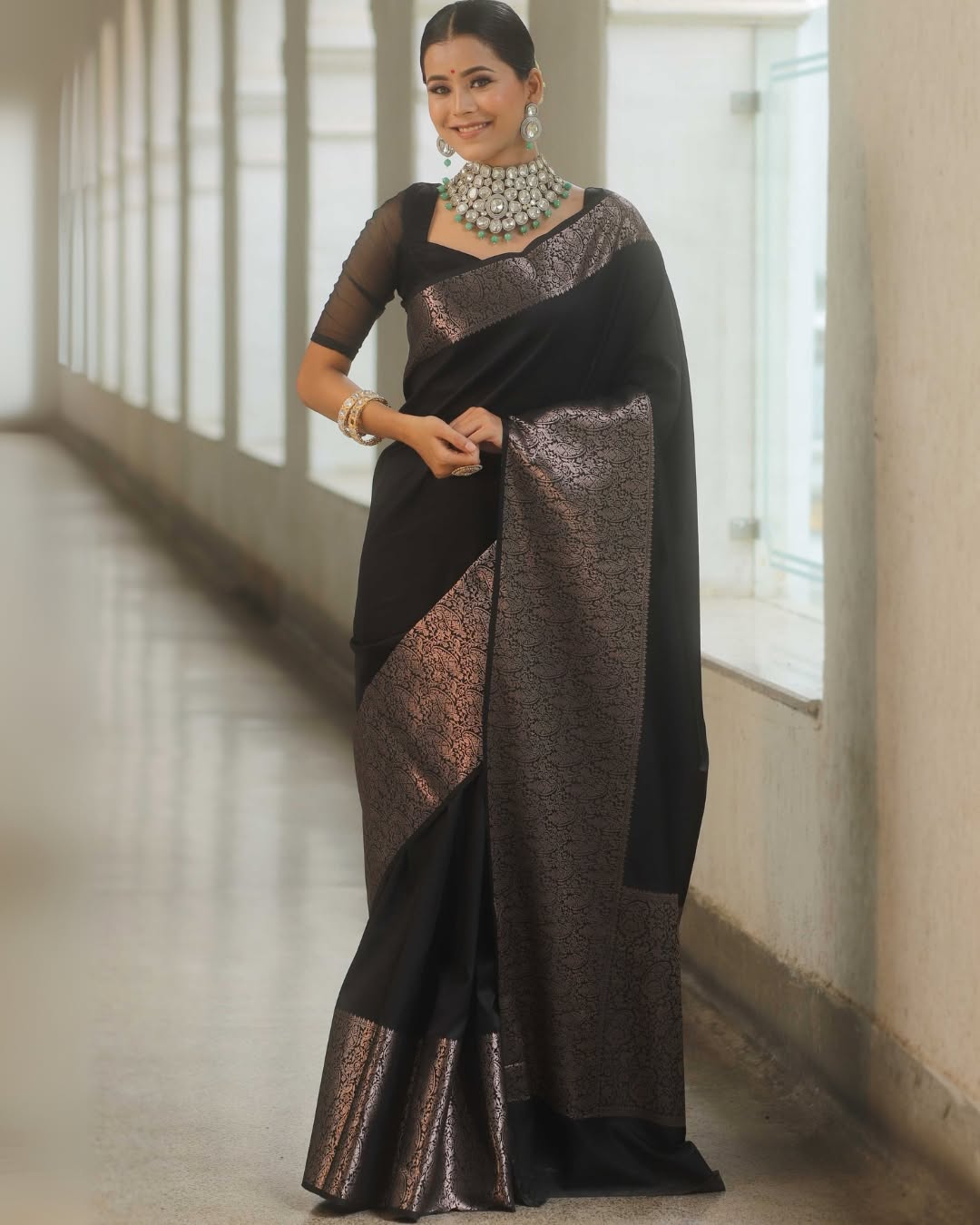 Beauteous Black Soft Silk Saree With Twirling Blouse Piece - Surats Fabric