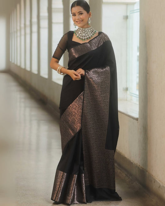 Beauteous Black Soft Silk Saree With Twirling Blouse Piece - Surats Fabric