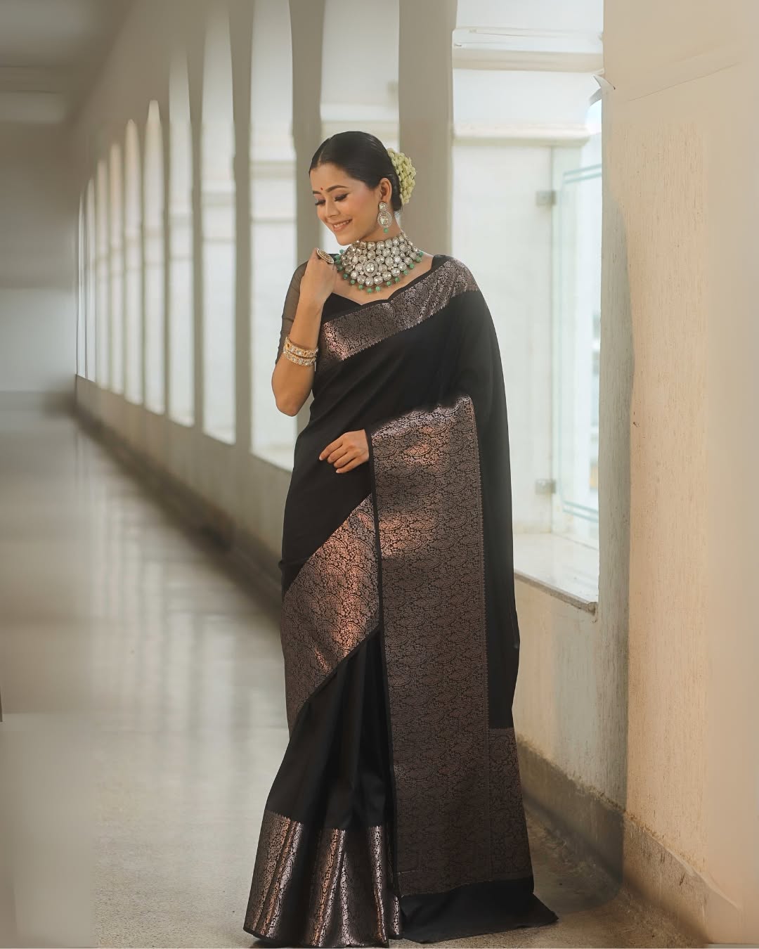 Beauteous Black Soft Silk Saree With Twirling Blouse Piece - Surats Fabric