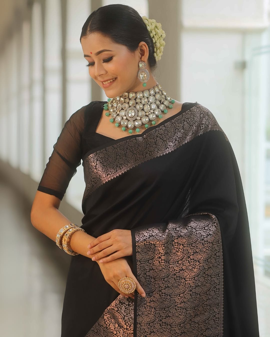Beauteous Black Soft Silk Saree With Twirling Blouse Piece - Surats Fabric