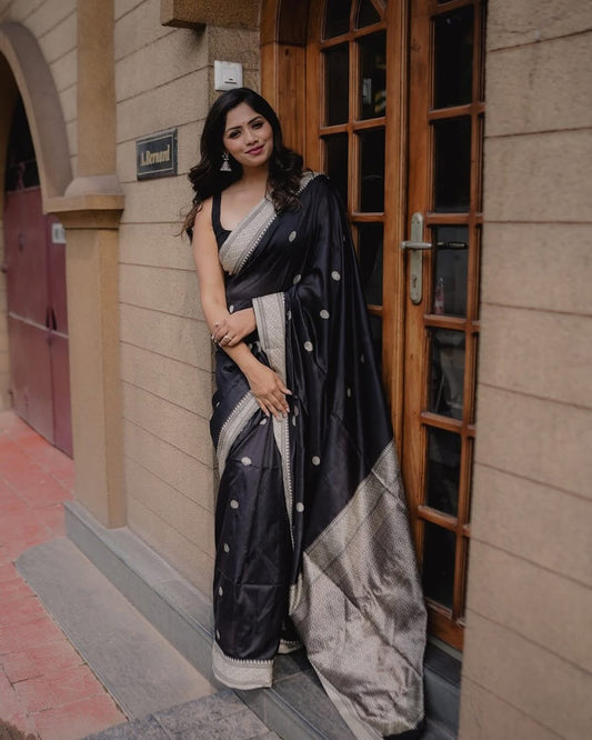 Assemblage Black Soft Silk Saree With Ebullience Blouse Piece - Surats Fabric