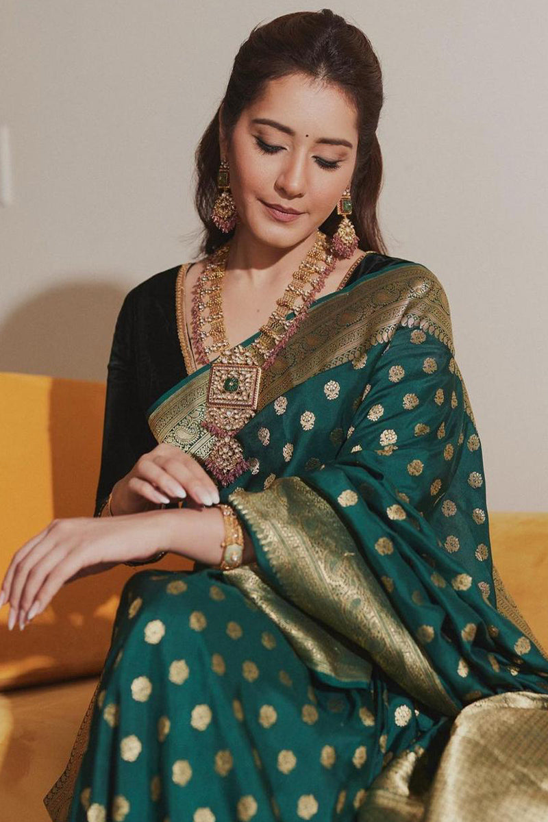 Attractive Dark Green Soft Silk Saree With Precious Blouse Piece - Surats Fabric