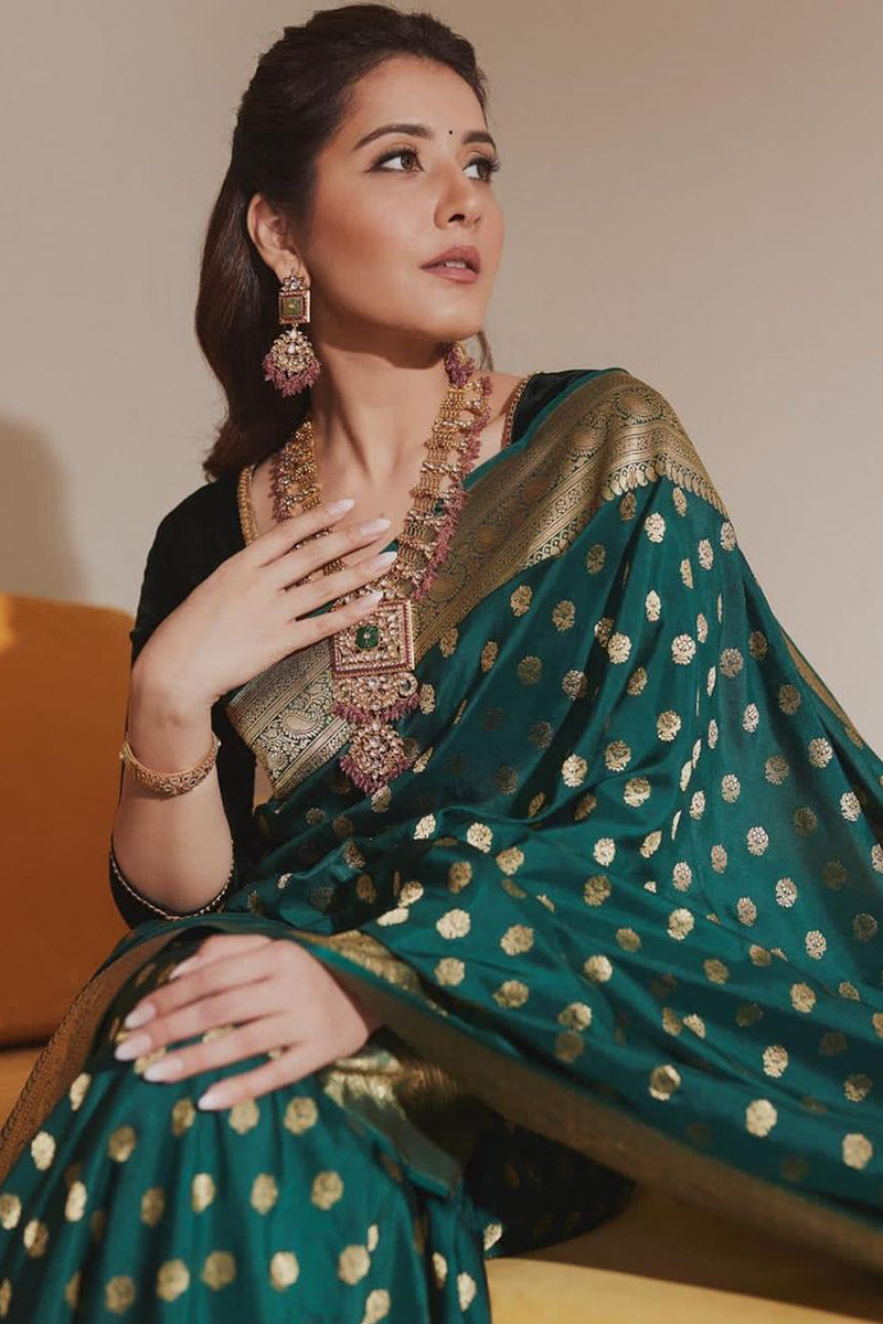 Attractive Dark Green Soft Silk Saree With Precious Blouse Piece - Surats Fabric