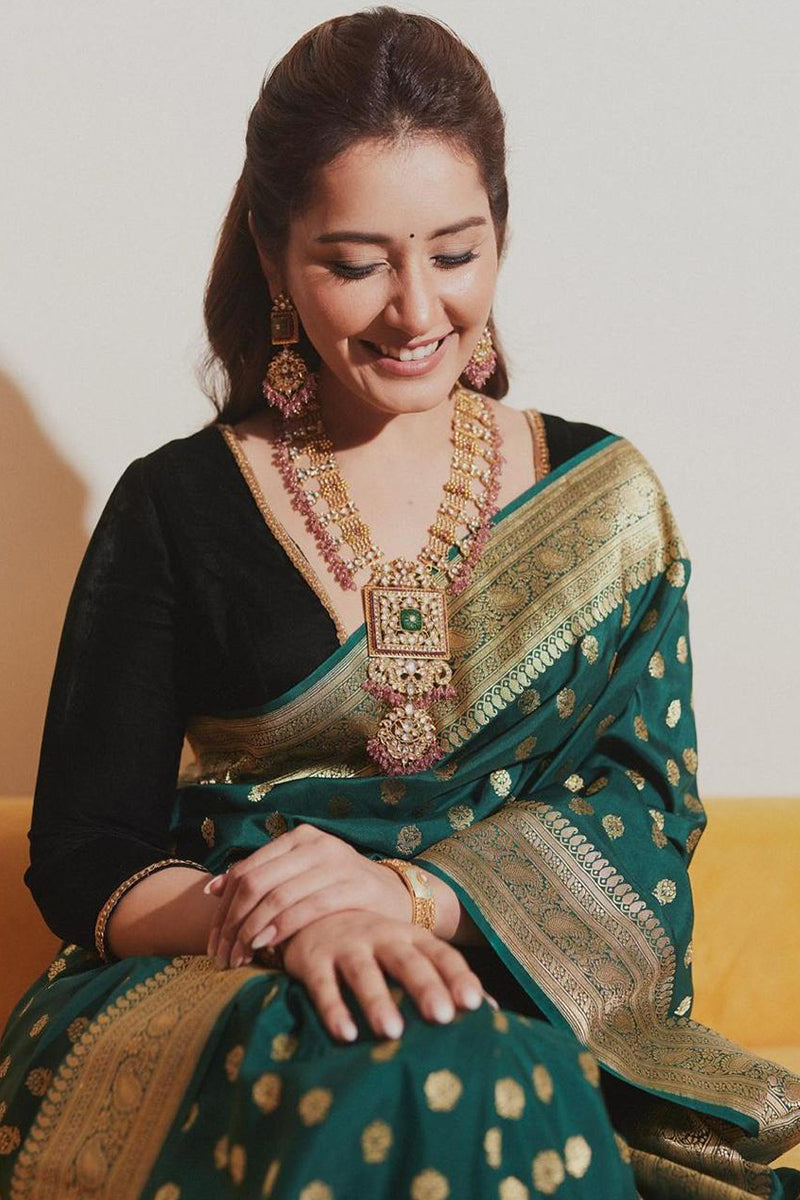 Attractive Dark Green Soft Silk Saree With Precious Blouse Piece - Surats Fabric