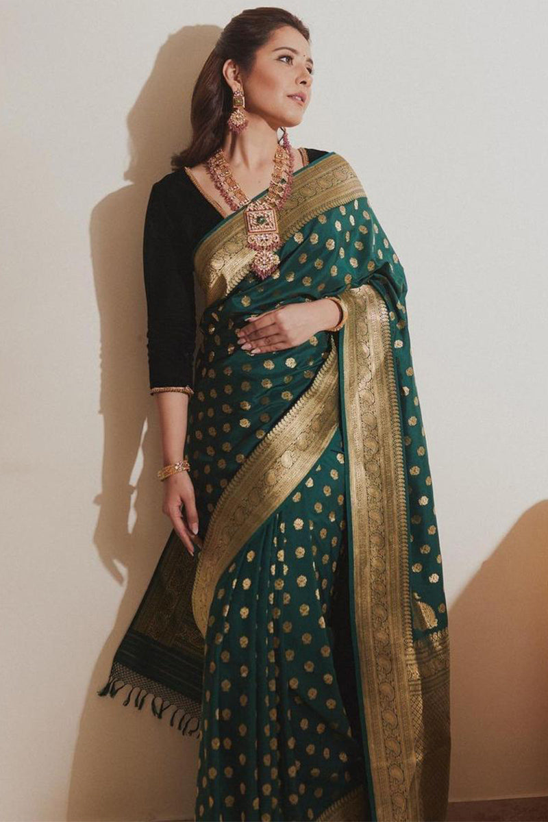 Attractive Dark Green Soft Silk Saree With Precious Blouse Piece - Surats Fabric