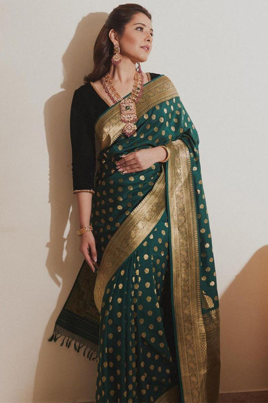 Attractive Dark Green Soft Silk Saree With Precious Blouse Piece - Surats Fabric